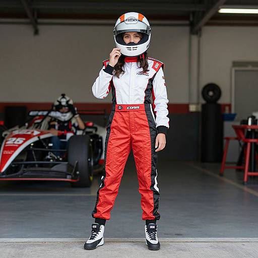 Photograph of a young male kart racer in white and red suit, black and white helmet, standing in garage, with another kart in background.