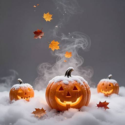Photograph of three glowing jack-o'-lanterns with carved faces, snowy ground, and floating autumn leaves, emitting wispy smoke against a dark