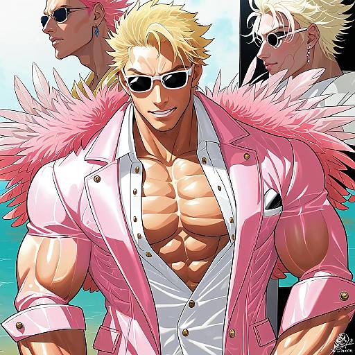 Illustration of Donquixote doflamingo, one piece in the style of Akira shiun