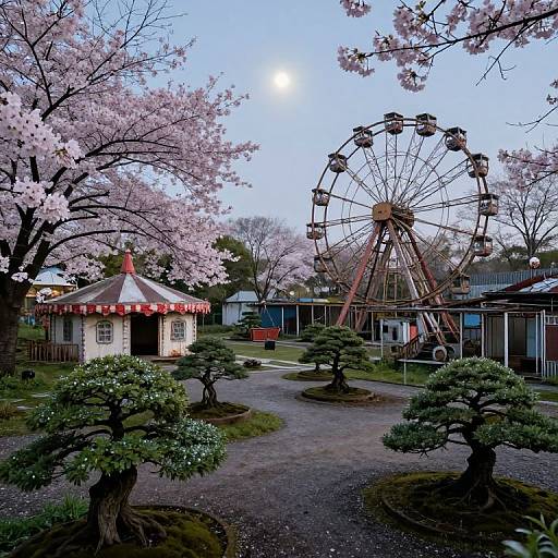 Photograph of a cherry blossom-filled park with a red-and-white tent, bonsai trees, and a large Ferris wheel in the background.