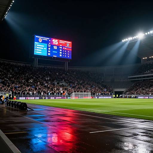 Nighttime soccer stadium scene, brightly lit scoreboard, rain-slicked field, red and blue floodlights, packed crowd, green grass, digital score