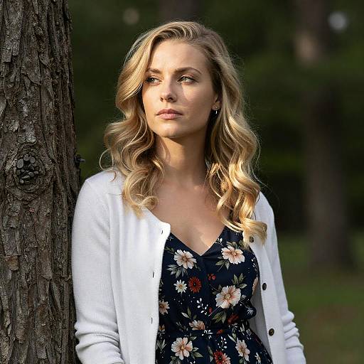 Blonde Woman in Floral Dress by Tree