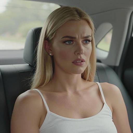 Concerned Blonde Woman in Car Backseat