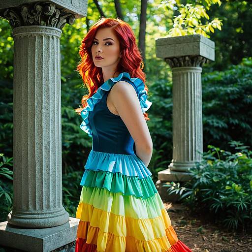 Woman in Rainbow Ruffled Dress Outdoors