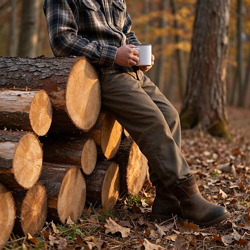 Photograph of a person in plaid shirt and brown pants, sitting on stacked cut logs in a forest, holding a white mug, autumn leaves on