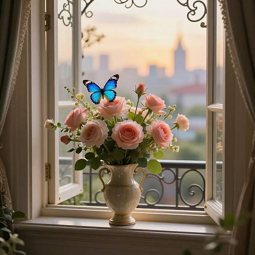 Victorian Windowsill with Butterfly and Flowers