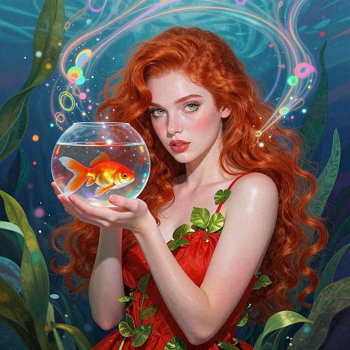Digital painting of a fair-skinned, red-haired mermaid holding a fishbowl with a goldfish, surrounded by underwater bubbles and plants.