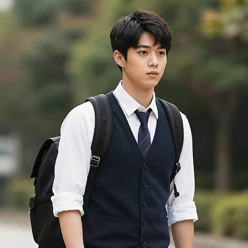 Photograph of an Asian male student with short black hair, wearing a white shirt, black vest, tie, and backpack, standing outdoors. Blurred