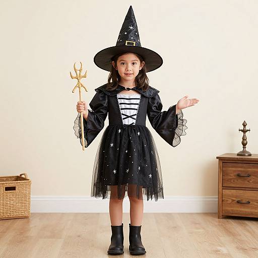 Photograph of a young girl in a black witch costume with star-patterned dress, wide-brimmed hat, holding a trident, standing on