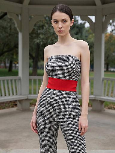 Photograph of a slim, fair-skinned woman with dark hair in an updo, wearing a black-and-white houndstooth strapless jumps