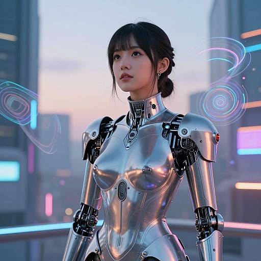 CGI image of an Asian woman in a futuristic, silver, robotic bodysuit with glowing blue and purple holographic patterns in a neon-lit