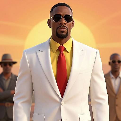 Photograph of a confident Black man with a goatee, wearing a white suit, yellow shirt, red tie, and sunglasses, standing in front of
