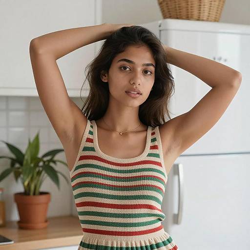 Young Woman in Striped Dress Kitchen