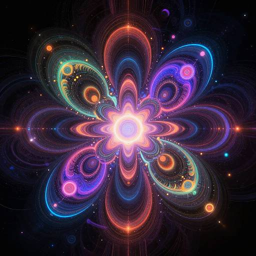 Vivid, symmetrical digital artwork featuring a radiant, multicolored flower-like pattern with swirling, neon loops and glowing orbs against a dark background.