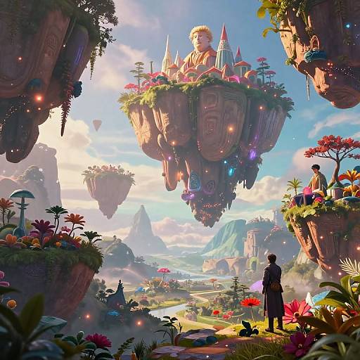 Fantasy CGI landscape with floating rock islands, colorful flora, a standing figure, and a floating, crowned figure above. Vibrant, ethereal,