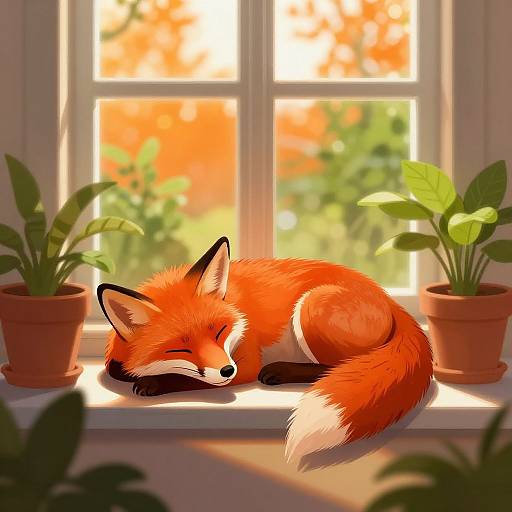 Digital illustration of a sleeping red fox with closed eyes, black-tipped ears, and a white-tipped tail, nestled between two potted plants on