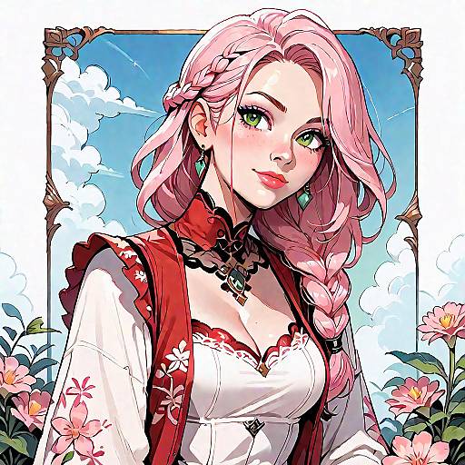 Pink-Braided Anime Girl in Red Outfit