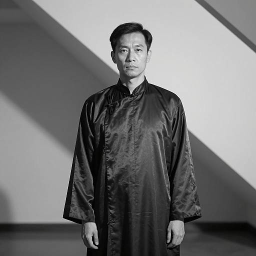 Black and White Portrait of Man in Traditional Robe