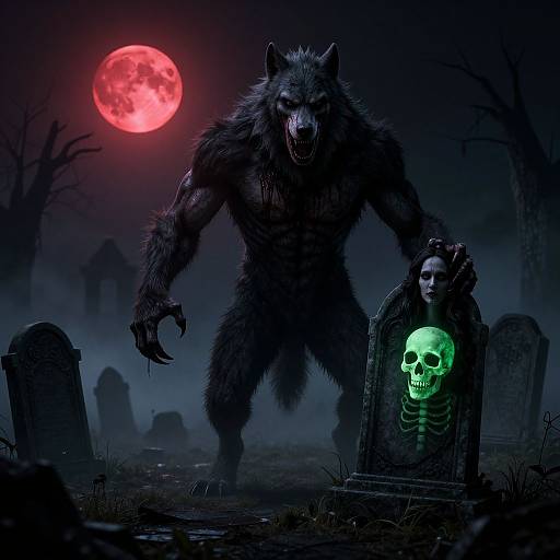 Digital art: A menacing werewolf with sharp claws stands over a glowing green skull in a tombstone under a red moon. Graveyard background with fog