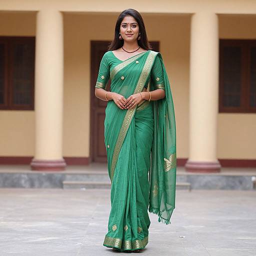Photograph of a confident Indian woman in a green saree with gold borders, standing in front of a yellow building with columns.