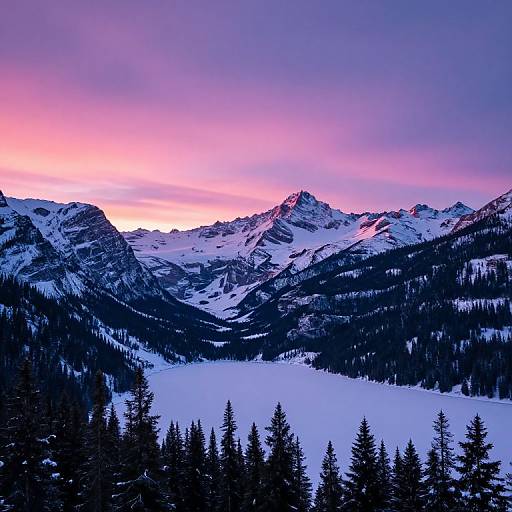 Photograph of snow-covered mountain range at sunset, with vibrant purple and pink sky, dark evergreen trees in foreground, and rugged peaks illuminated by soft