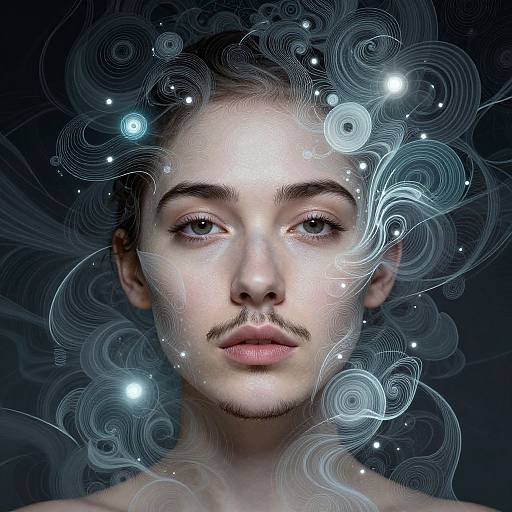 Photorealistic digital portrait of a young woman with fair skin and dark hair, surrounded by swirling blue and white ethereal patterns and glowing orbs, against