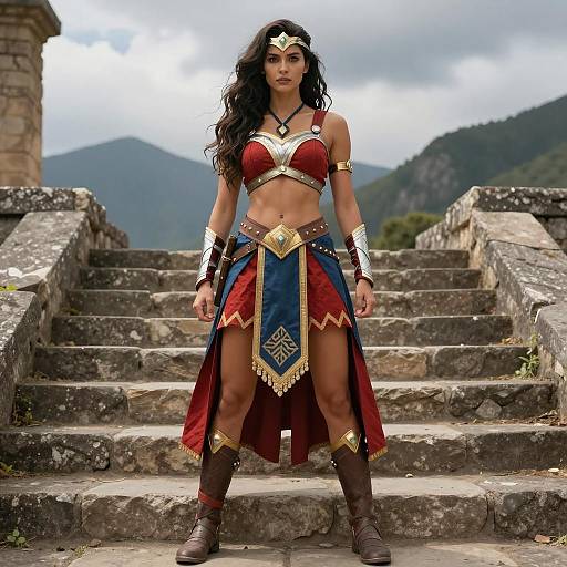 Powerful Female Warrior on Ancient Stone Steps