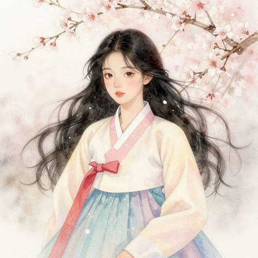 Digital painting of an Asian woman with long black hair, wearing a white kimono with red bow and blue skirt, standing before cherry blossoms.