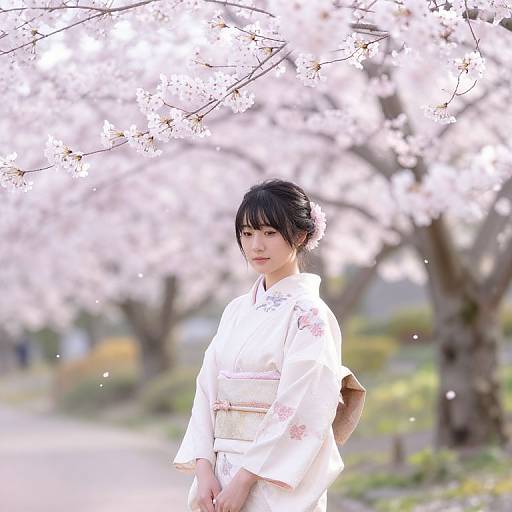 Photograph of an Asian woman with black hair in a white floral kimono, standing under blooming cherry blossoms in a sunlit garden.