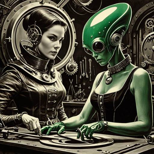 Orbital Blacksmith with Woman and Alien in Steampunk Style