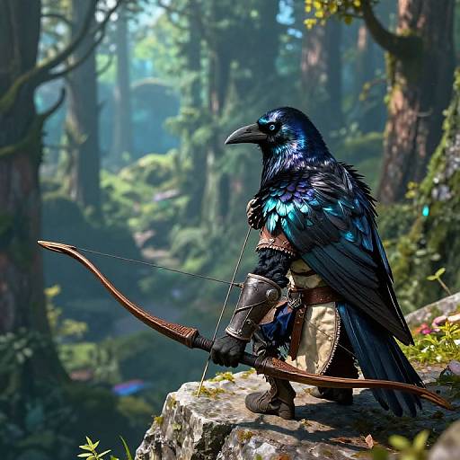Digital artwork of a blue-feathered, armored crow with a bow, perched on a forest rock, amidst a sunlit, dense woodland.
