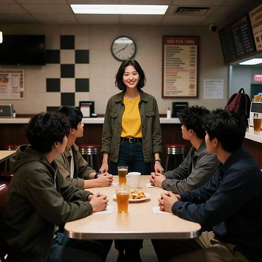 Woman standing in diner with friends sitting around table