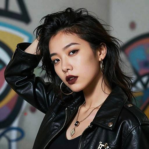 Photograph of an Asian woman with messy black hair, dark lipstick, hoop earrings, black leather jacket, and gold necklace, set against a graffiti-covered