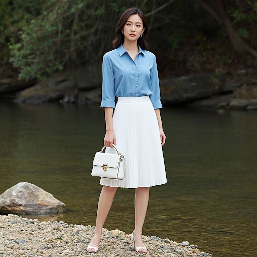 Photograph of an Asian woman with long black hair, wearing a blue button-up shirt and white knee-length skirt, holding a white handbag, standing