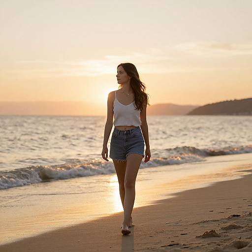Photograph of a young woman with long brown hair, wearing a white tank top and denim shorts, walking on a sandy beach at sunset, with golden
