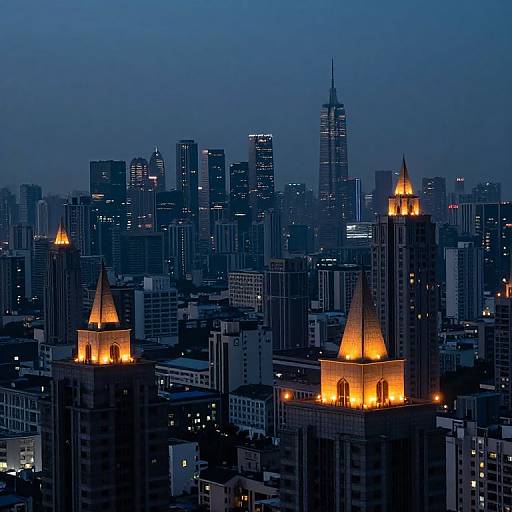 Photograph of a cityscape at dusk, showcasing dark skyscrapers with illuminated, orange-tinted domes in the foreground against a blue sky