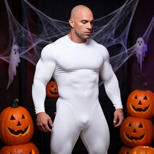Muscular bald man in tight white bodysuit, Halloween background with carved pumpkins, ghost decorations, and spider webs. Photorealistic CGI.