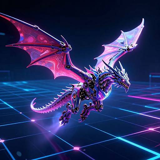 Glowing neon digital dragon with pink, purple, and blue wings soaring over a futuristic grid-lit floor in a dark space.
