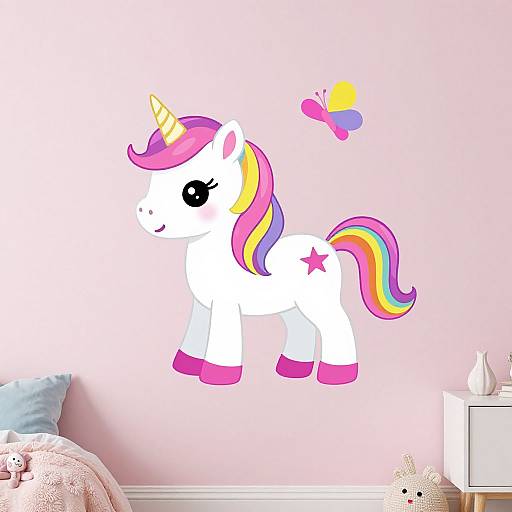 Colorful wall decal of a white unicorn with pink, yellow, and purple mane, pink hooves, and a star on its flank, alongside