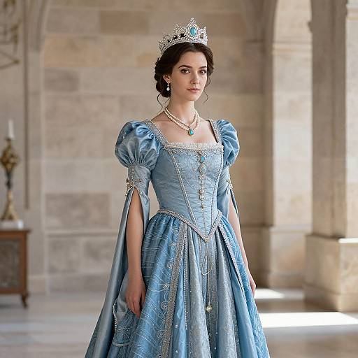 Photograph of a young woman with fair skin, dark hair, and blue eyes, wearing a blue royal gown, silver tiara, and pearl necklace
