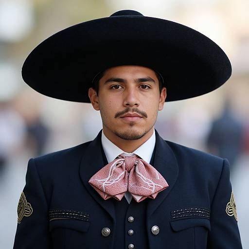 Photograph of a young, mustachioed man with medium skin tone, wearing a black wide-brimmed hat, black formal jacket, white