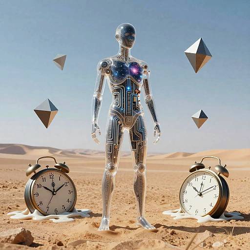 Photograph of a futuristic, silver, humanoid robot with glowing blue chest light, standing in a desert with two clocks and floating pyramids.