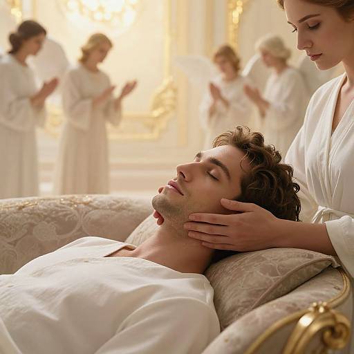 Photograph of a man with closed eyes, being gently touched by a woman in white, while four other women in white robes pray in the sunlit