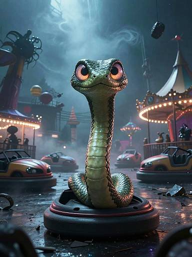 CGI image of a large, shiny, green snake with big orange eyes standing in a rainy, neon-lit amusement park, surrounded by cars and