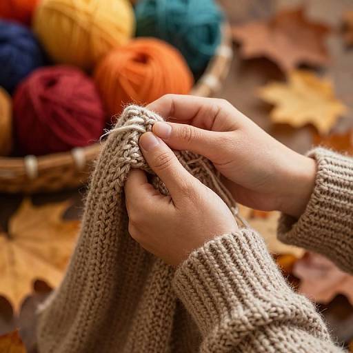 Close-up photograph of hands knitting a beige sweater, surrounded by colorful yarn balls and autumn leaves on a wooden surface.