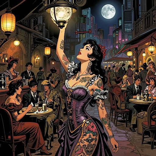 Digital illustration of a tattooed, black-haired woman in a purple corset and red flower, raising a lantern in a moonlit, bustling, vintage