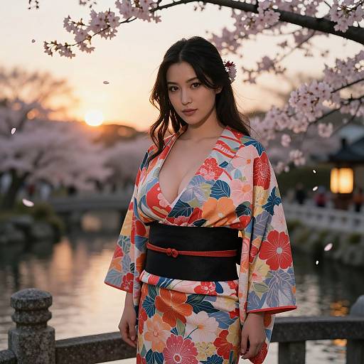 Elegant Woman in Floral Kimono at Sunset