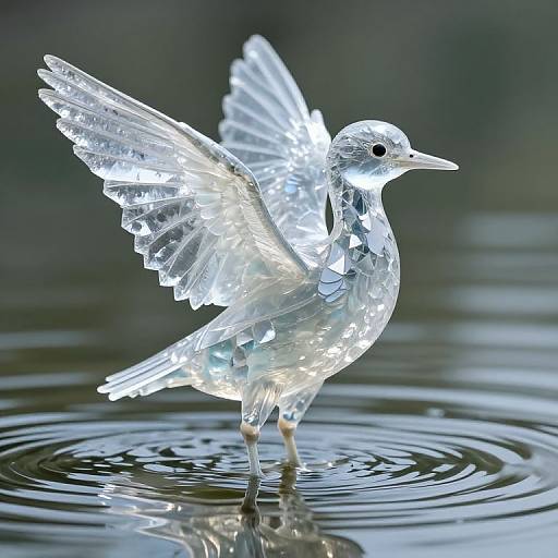 Photograph of a translucent, glowing glass bird with wings spread, standing in rippling water, reflecting light and creating a magical effect.