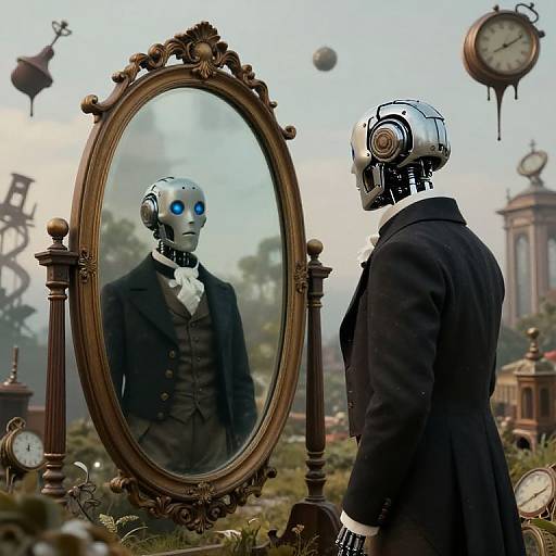 Photograph of a steampunk robot with blue glowing eyes, wearing a black suit, standing before an ornate oval mirror reflecting its face, surrounded