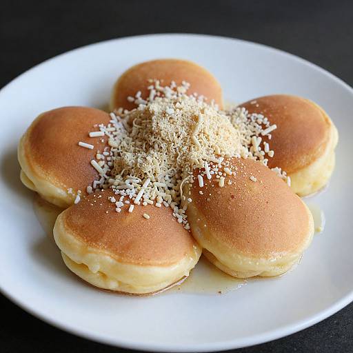 Photograph of five golden-brown, fluffy pancakes topped with a generous sprinkle of white sesame seeds on a white plate.